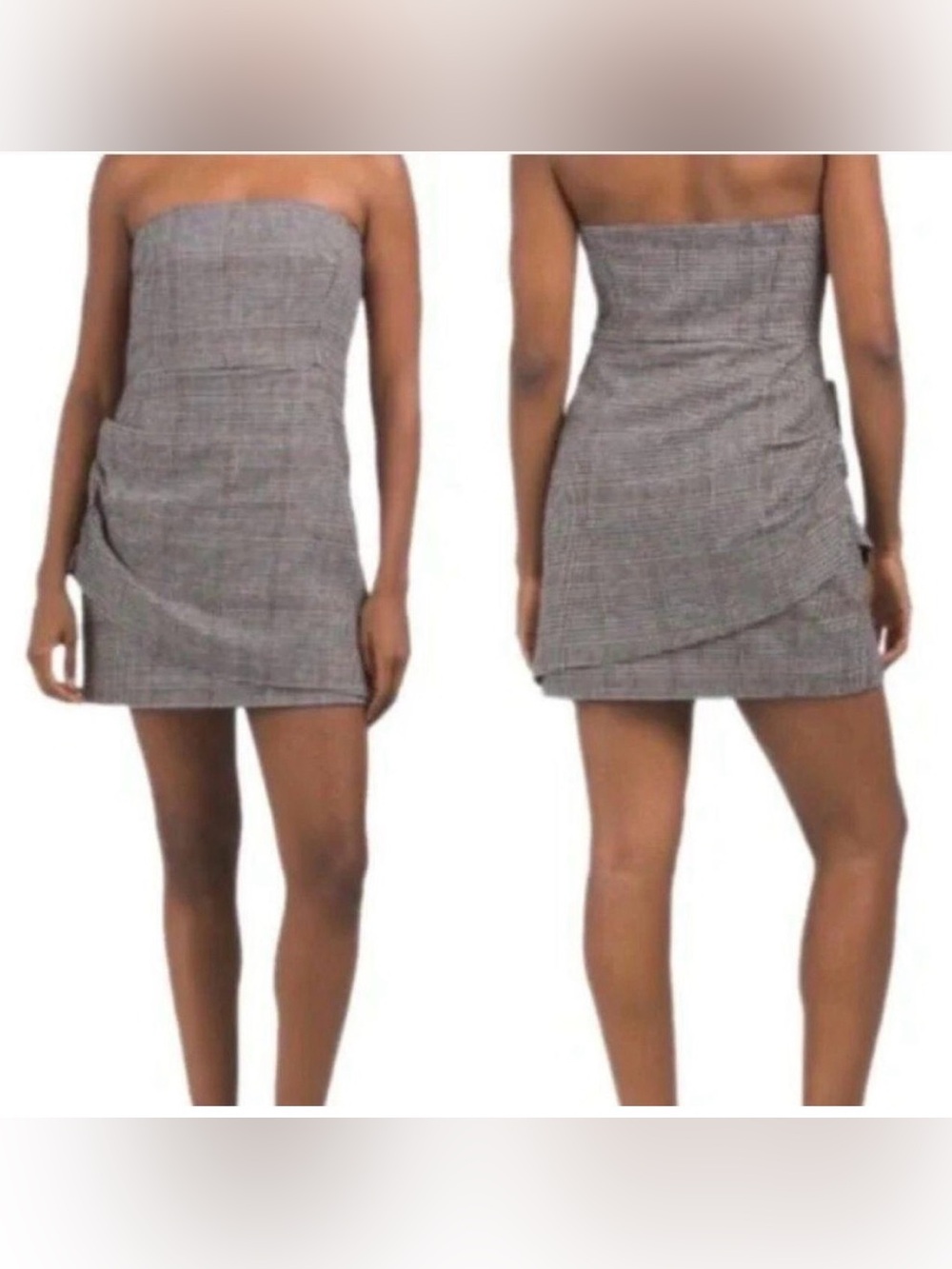 House of Harlow 1960 Strapless Herringbone Gray & Brown Plaid Mini Dress Size L